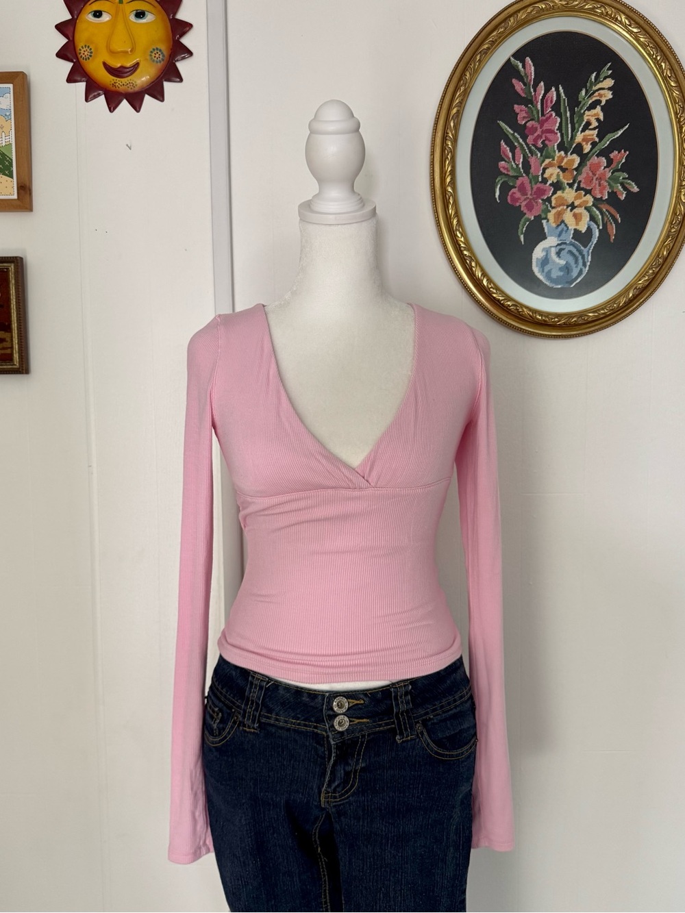 Garage Pink Long-Sleeve V-Neck Fitted Top